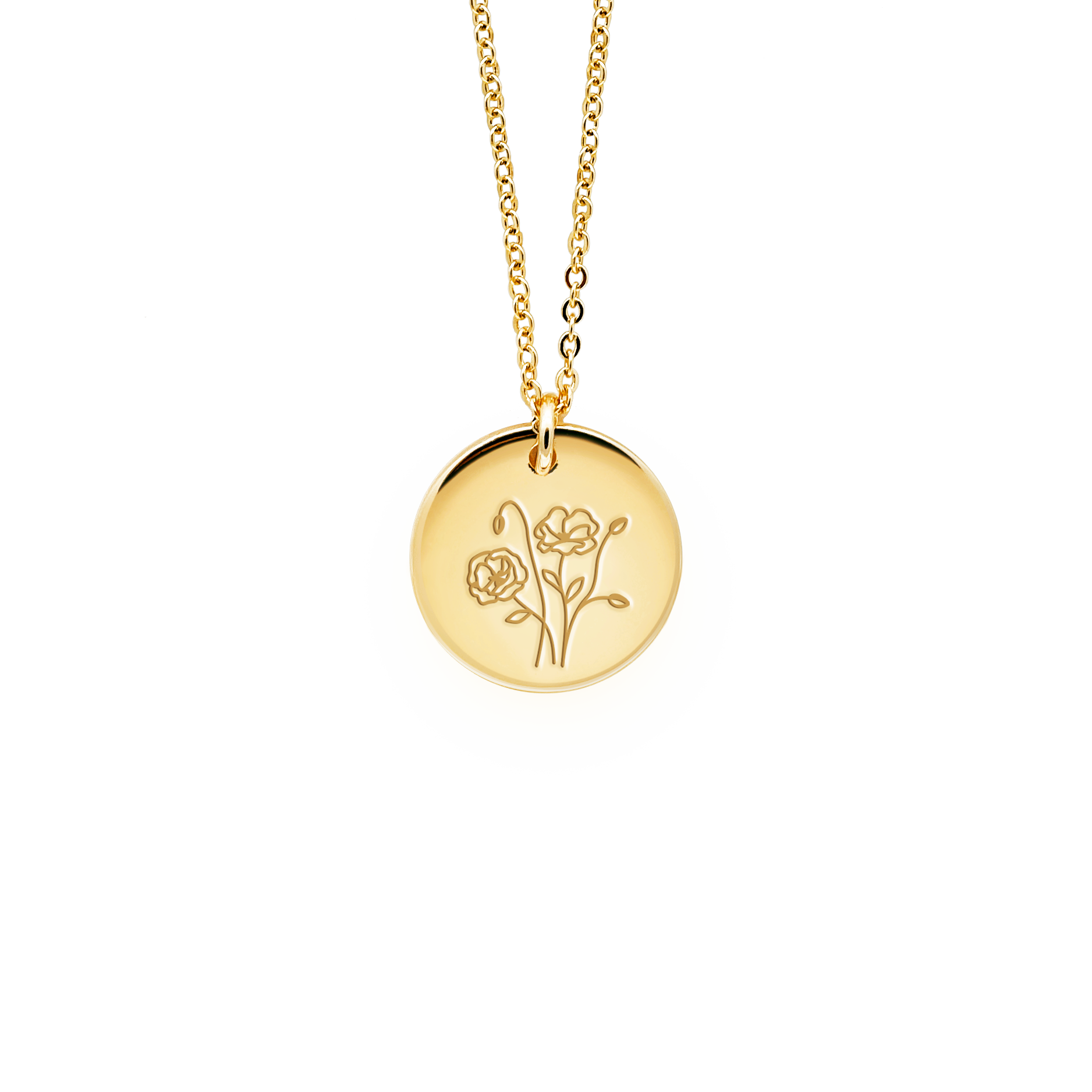 Tender Objects Fleur Disc Necklace - Customizable birthflower pendant with freshwater pearl and gold-plated heart charm, a timeless and personalized accessory for versatile occasions.