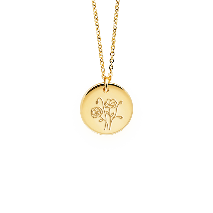 Tender Objects Fleur Disc Necklace - Customizable birthflower pendant with freshwater pearl and gold-plated heart charm, a timeless and personalized accessory for versatile occasions.