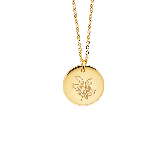 Tender Objects Fleur Disc Necklace - Customizable birthflower pendant with freshwater pearl and gold-plated heart charm, a timeless and personalized accessory for versatile occasions.