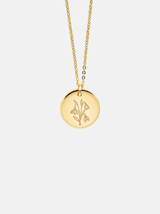 Tender Objects Fleur Disc Necklace - Customizable birthflower pendant with freshwater pearl and gold-plated heart charm, a timeless and personalized accessory for versatile occasions.