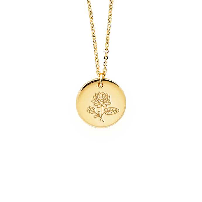 Tender Objects Fleur Disc Necklace - Customizable birthflower pendant with freshwater pearl and gold-plated heart charm, a timeless and personalized accessory for versatile occasions.