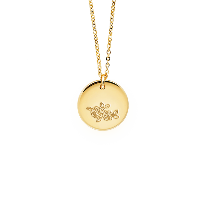 Tender Objects Fleur Disc Necklace - Customizable birthflower pendant with freshwater pearl and gold-plated heart charm, a timeless and personalized accessory for versatile occasions.