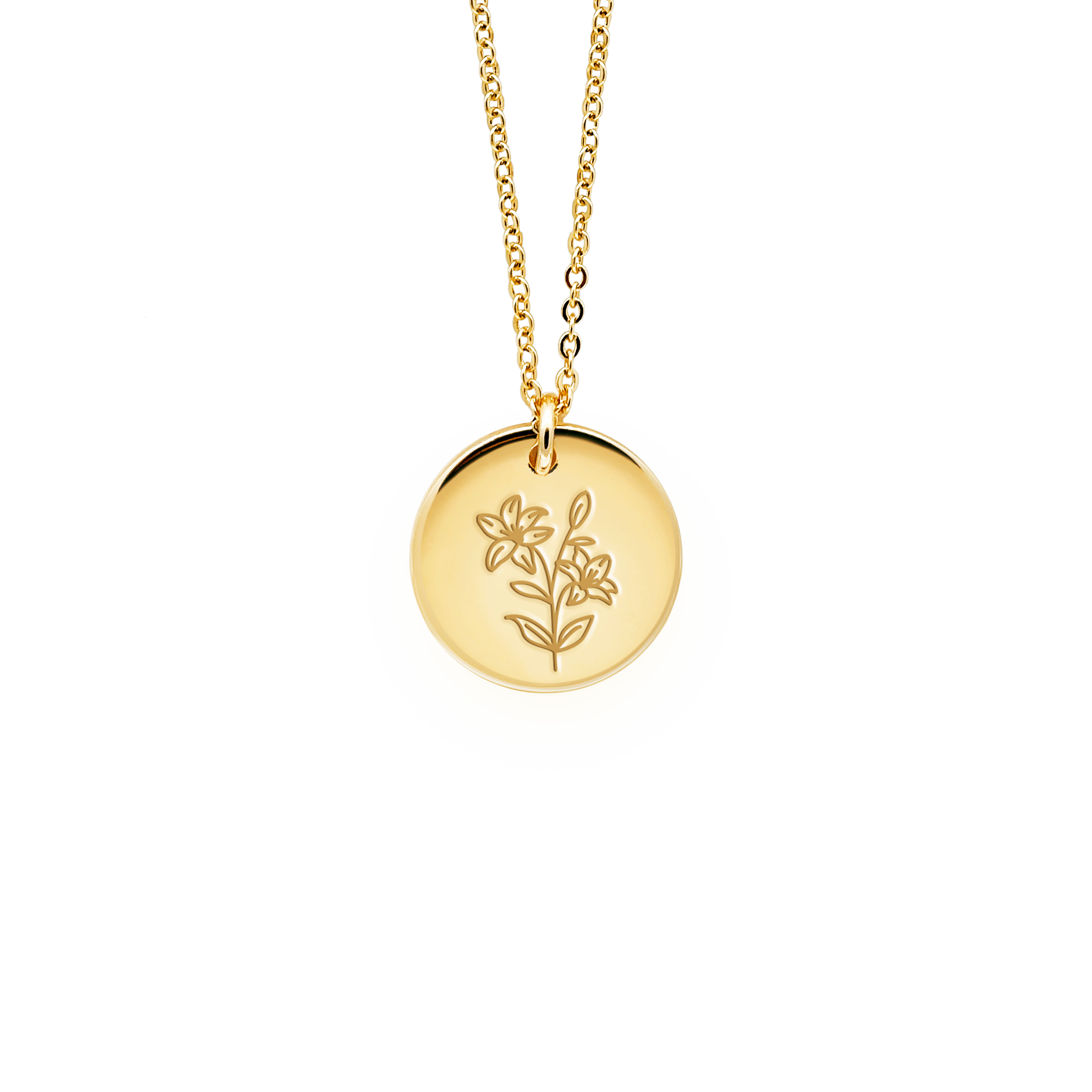 Tender Objects Fleur Disc Necklace - Customizable birthflower pendant with freshwater pearl and gold-plated heart charm, a timeless and personalized accessory for versatile occasions.