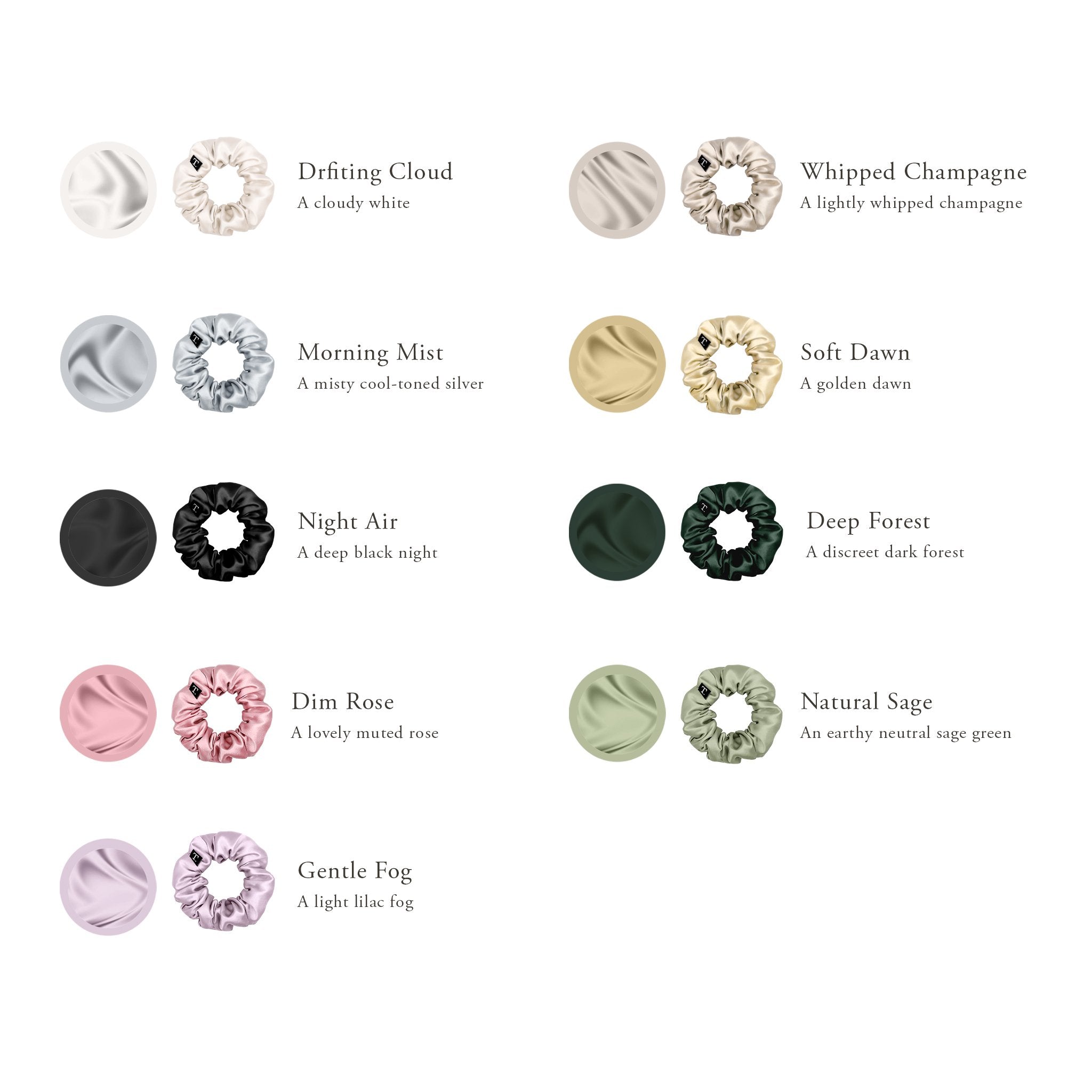 Tender Objects Silk Scrunchie Color Chart