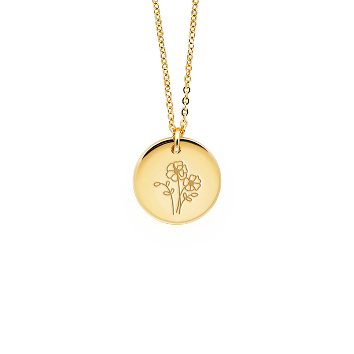 Tender Objects Fleur Disc Necklace - Customizable birthflower pendant with freshwater pearl and gold-plated heart charm, a timeless and personalized accessory for versatile occasions.