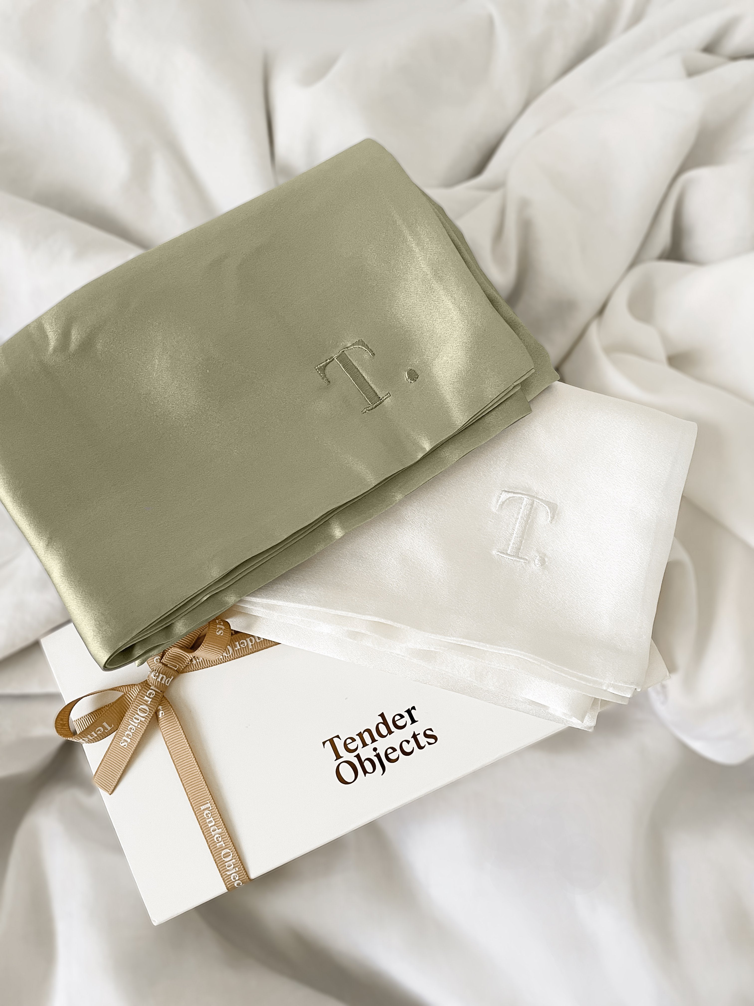 Tender Objects silk pillowcase in Natural Sage & Drifting Cloud