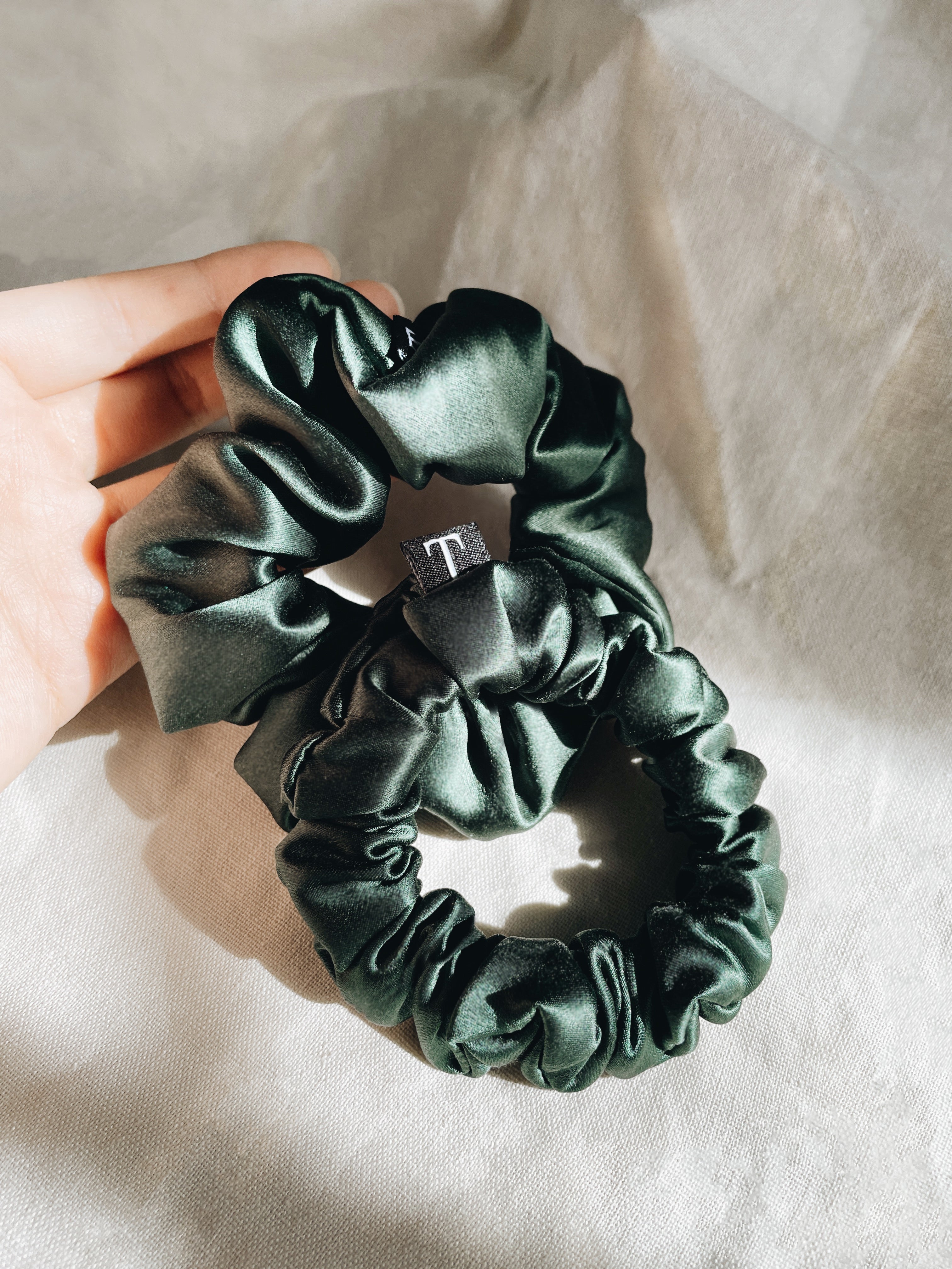 Tender Objects silk scrunchie in Deep Forest